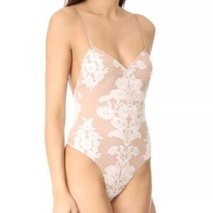 For Love & Lemons White Floral Embroidered Sheer Bodysuit - Nude Base